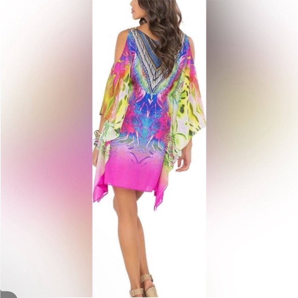 Vibrant Cold-Shoulder Beach Cover-Up Dress in Neon Pink & Multicolor
